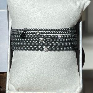 Rustic Cuff Set of 6 Matte Grey Bracelets with Crystal Bead